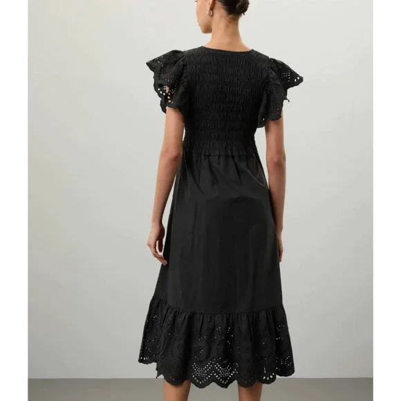 Rails Black Eyelet Midi Dress SMALL Smocked Cottage Ruffle Cotton Designer $268 - Picture 2 of 11